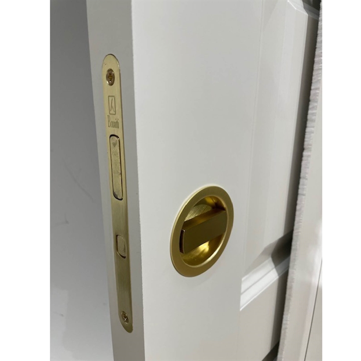 Lås til skydedør, rund design hagelås m/vrider, messing, isat