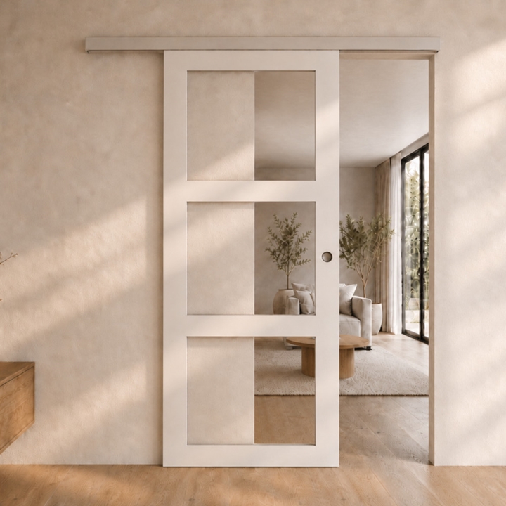 Kvadrat 3 massiv glas skydedør m/sølv kappe - 2 vejs softclose